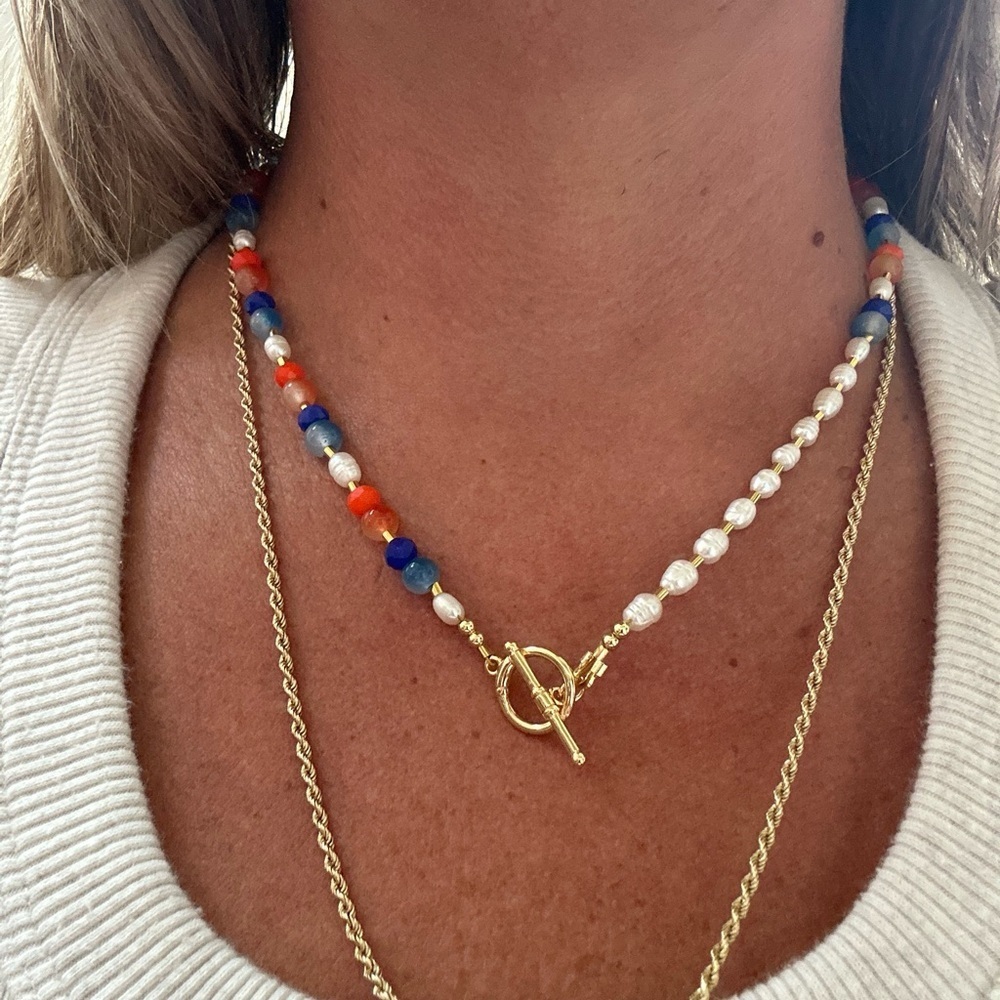Blue Orange Gold White with Freshwater Pearl Glass Beaded Handmade Necklace